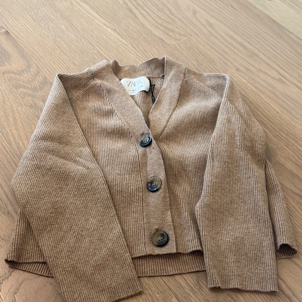 Zara Tan Ribbed Knit Cardigan